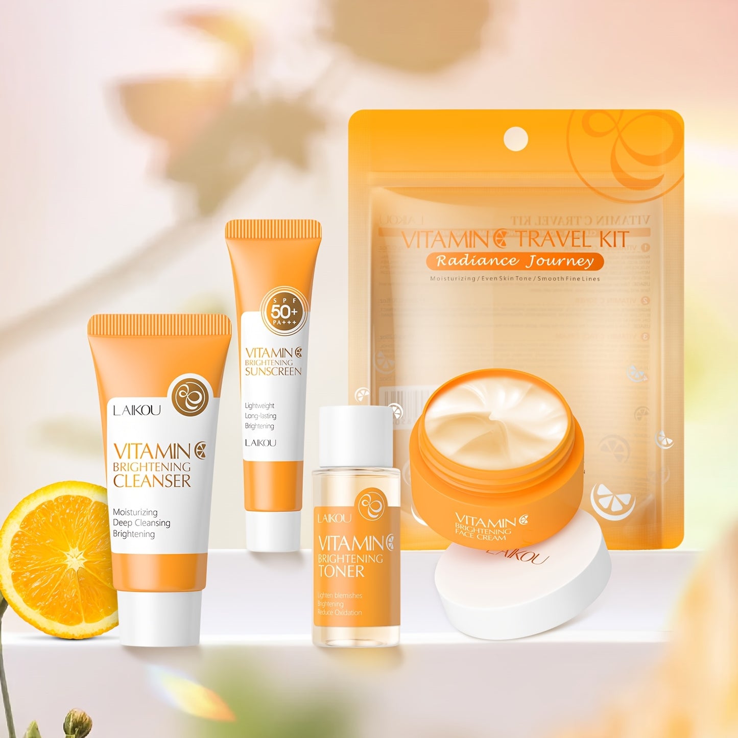 LAIKOU Vitamin C Skincare Set includes 4 products for all skin types: foam cleanser, toner, moisturizer, and sunscreen.