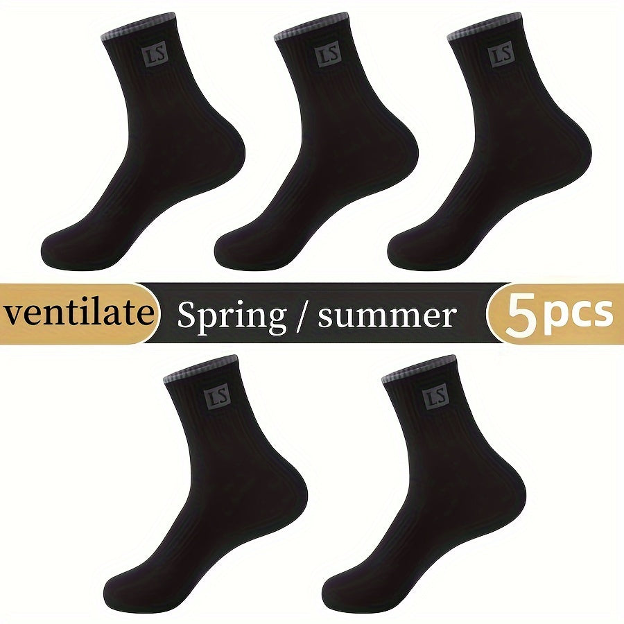 5 pairs of men's trendy solid crew socks, breathable and comfy for outdoor and all-season wear.