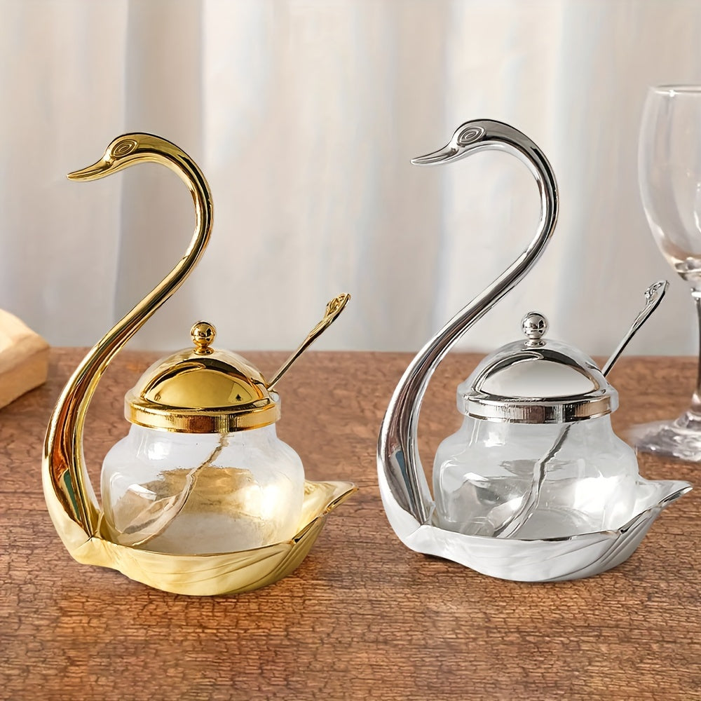 1 piece Swan Glass Condiment Jar with Spoon, Kitchen Storage Container, Sugar Bowl, Seasoning Pot, Home Decor, Wedding and Mother's Day Gift, Kitchen Accessories.