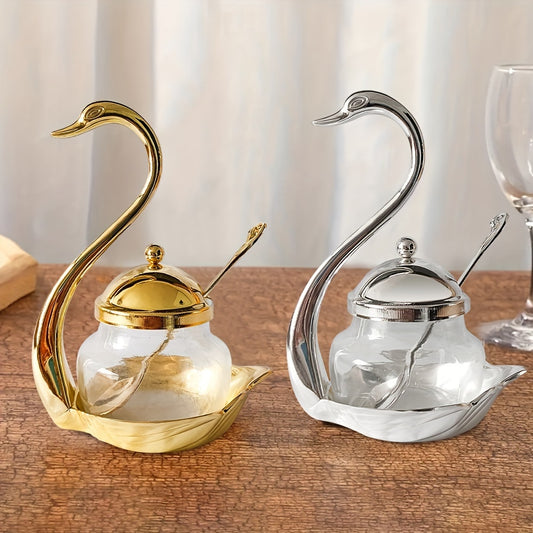 1 piece Swan Glass Condiment Jar with Spoon, Kitchen Storage Container, Sugar Bowl, Seasoning Pot, Home Decor, Wedding and Mother's Day Gift, Kitchen Accessories.