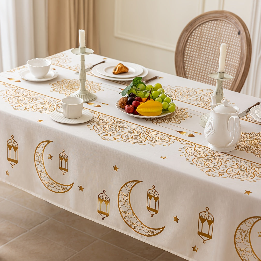 Bohemian Geometric Pattern Ramadan Eid Al-Fitr Tablecloth with Golden Moon and Star Design, made of 100% polyester, suitable for Iftar, parties, festivals, and gifting.