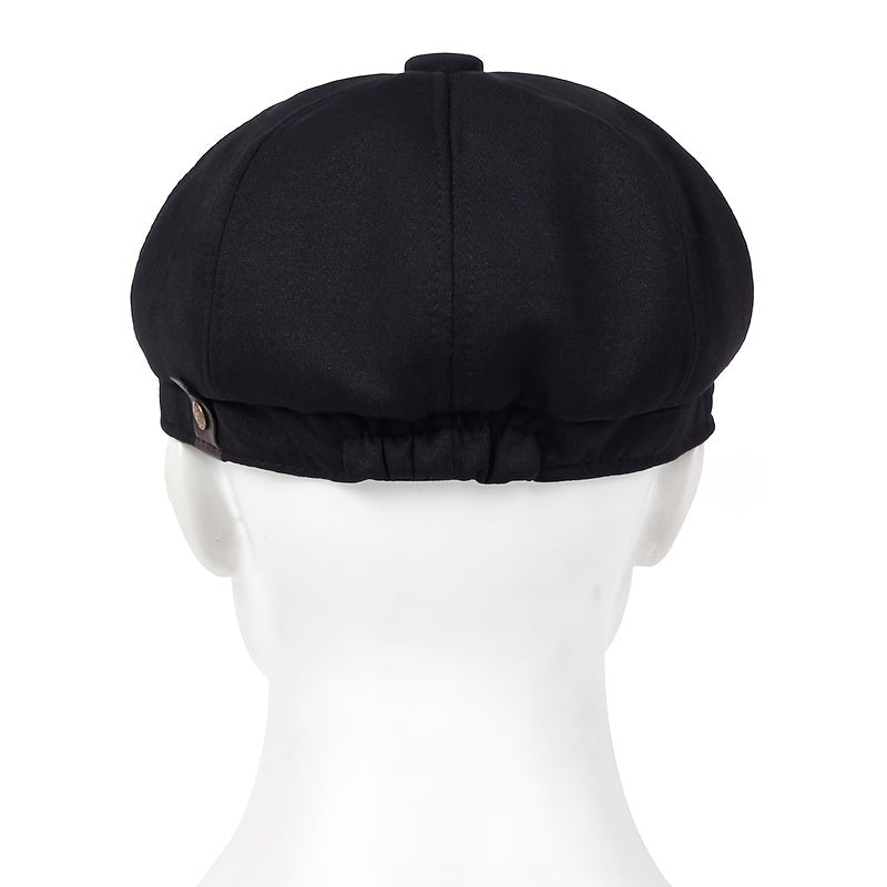 Men's black polyester beret hat with adjustable strap and metal buckle, stylish and comfortable for fall/winter casual wear.