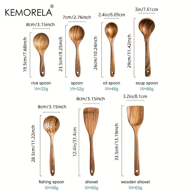 Set of 4/7 pieces of kitchen tools made from natural teak wood from Thailand, including spoons, ladles, turners, colanders, skimmers, and scoops, suitable for cooking and serving in the kitchen.