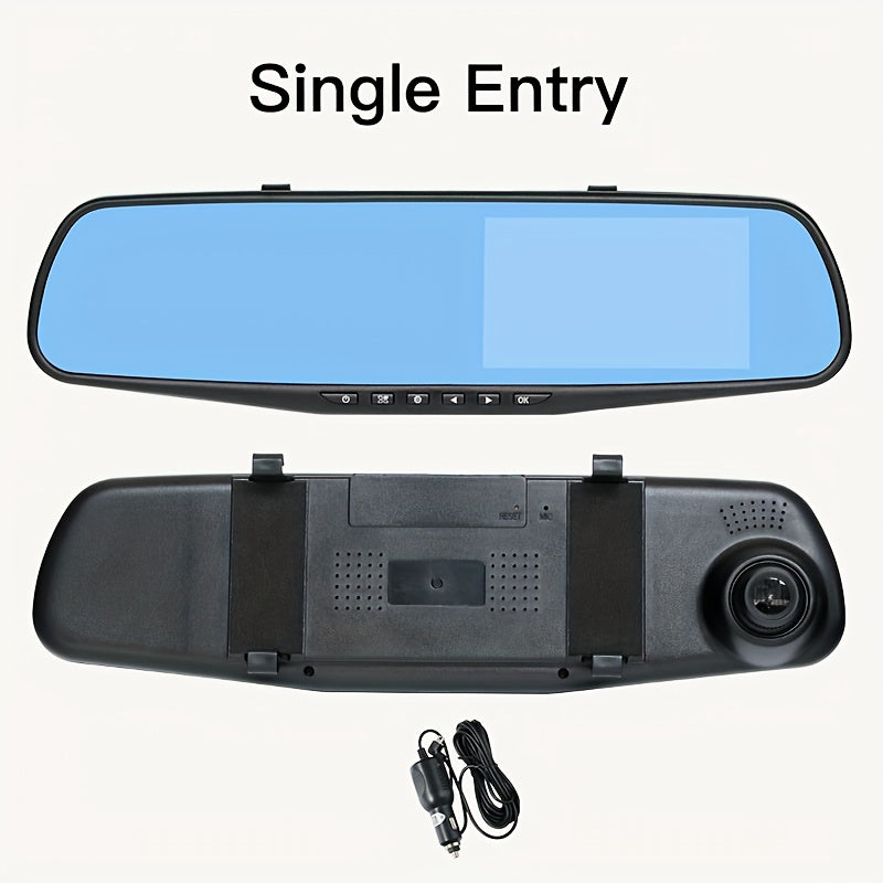 Rechargeable HD 1080P dual-view car dash cam for front and rear panoramic recording, USB powered.