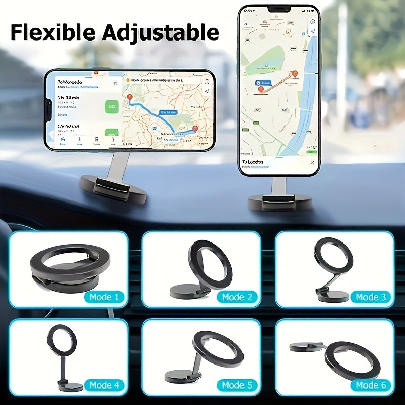 High-strength zinc alloy car phone holder rotates 360°. Safe, foldable dashboard stand for navigation. Ideal birthday gift, compatible with all phone models. No batteries needed.