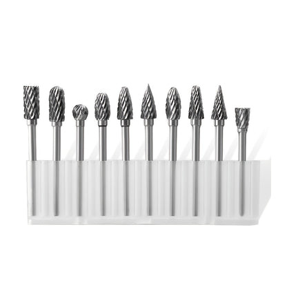 10-piece Tungsten Carbide Burr Set for Dremel Rotary Tools, Double Cut Alloy Steel Grinding Heads for Wood, Metal, Stone, and Gemstone. Handheld and welding use, assembly required. Great