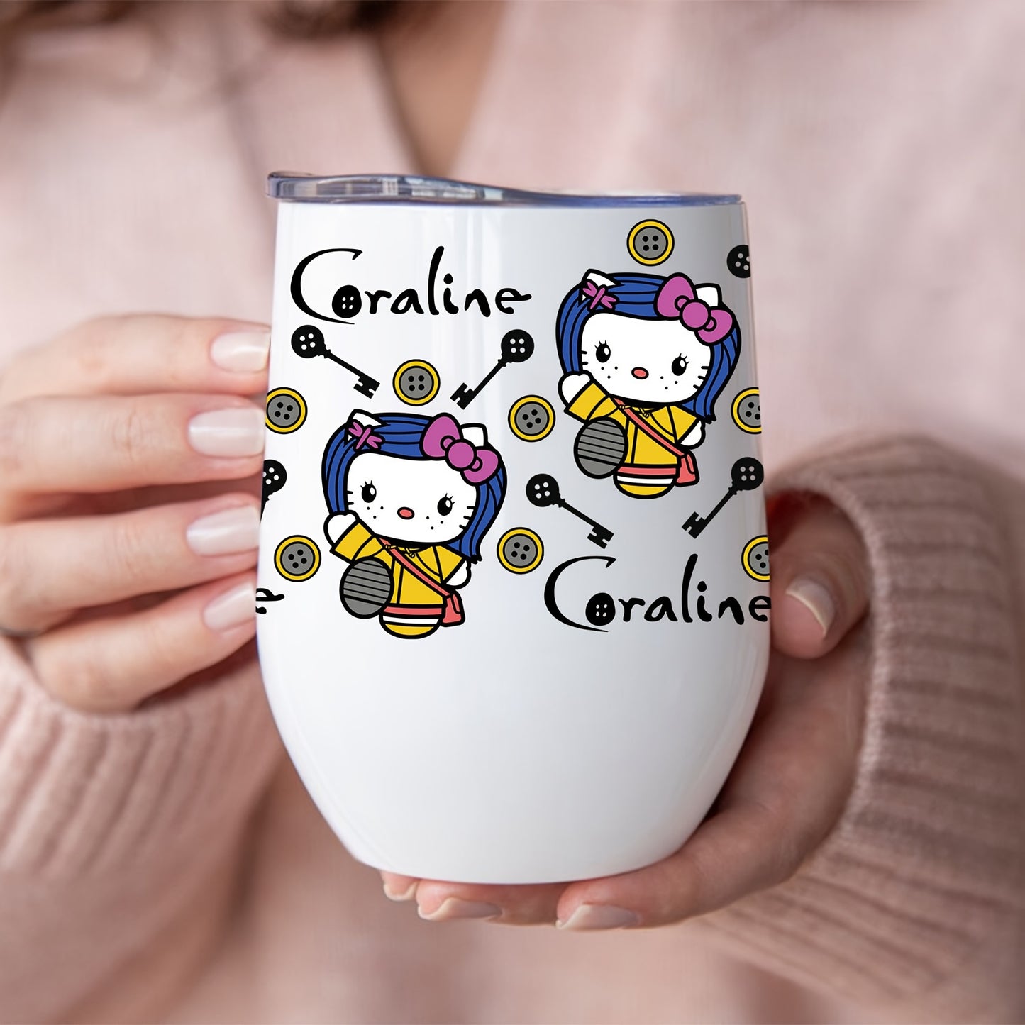 Hello Kitty & Coraline Stainless Steel Tumbler with Lid, 12oz Oval Leakproof Coffee Mug, Hand Wash Only, PVC Free, Perfect Christmas Gift.