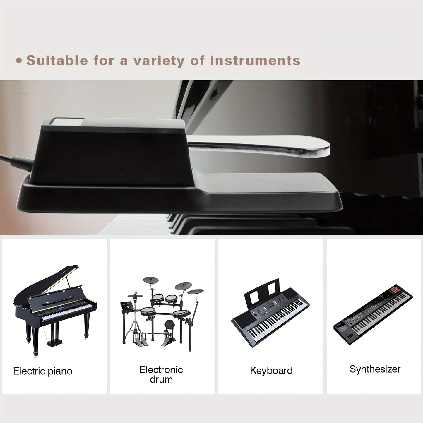 Sustain pedal for electronic keyboards, compatible with various brands, durable plastic construction, 36V or lower.