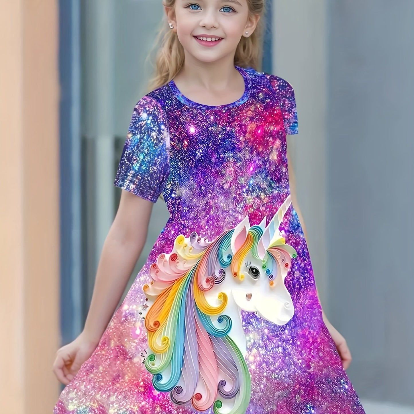 Girls' starry unicorn dress with digital print, round neck, and short sleeves for parties and casual wear.