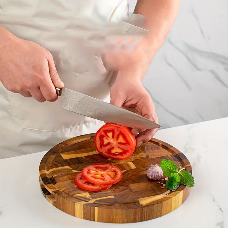 Round Acacia Wooden Serving Board - Durable Solid Wooden Cutting Board for Chopping Meat, Vegetable, Steak, and Fruit - Kitchen Household Essential - Food Supplement Serving Board and Fruit Cutting Pad - Kitchen Supplies