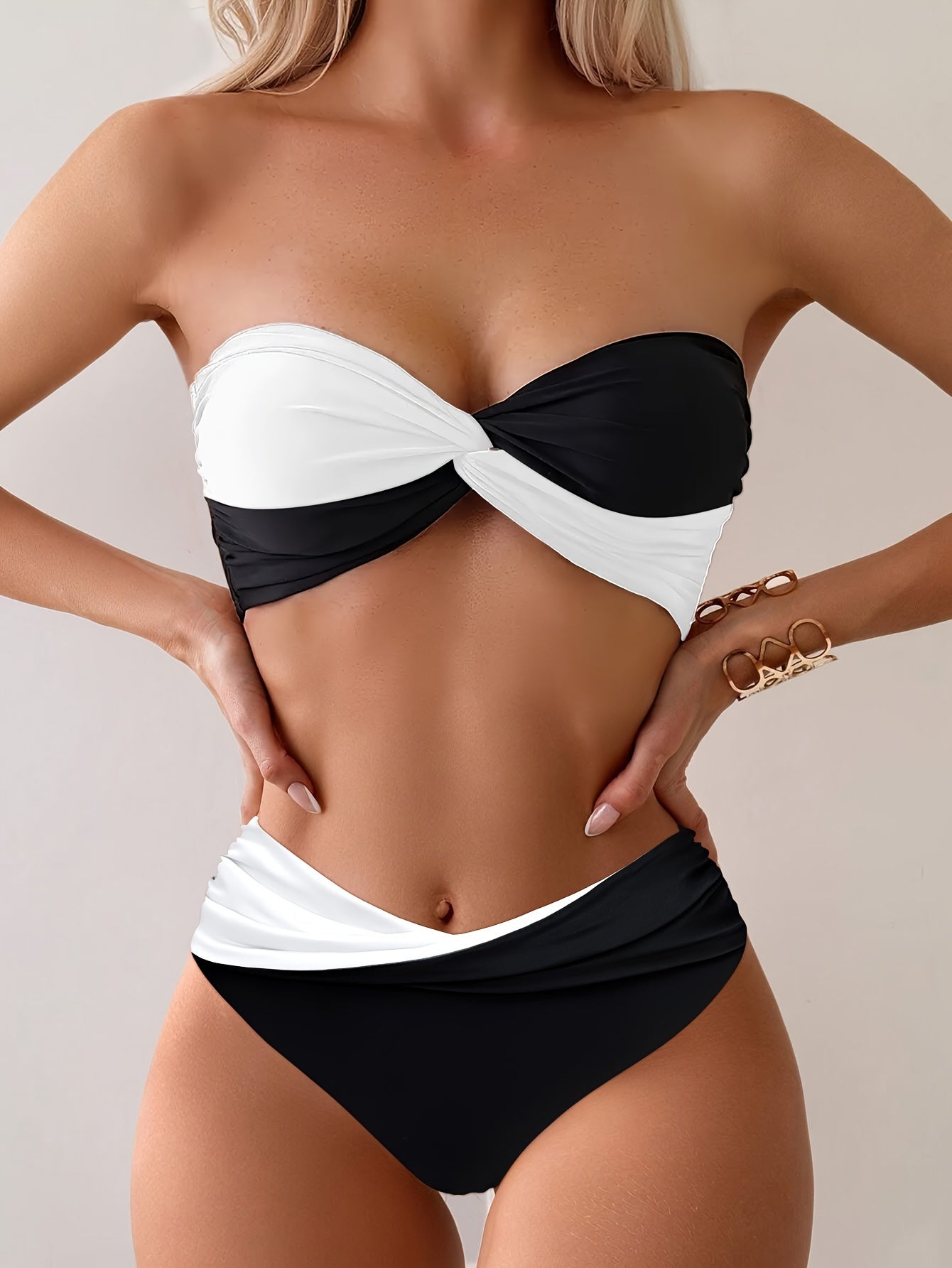 COZOK Women's Two-Way Strapless Bikini in Black and White, High Stretch Knit, Solid Color with Frill Detail, Perfect for the Beach.