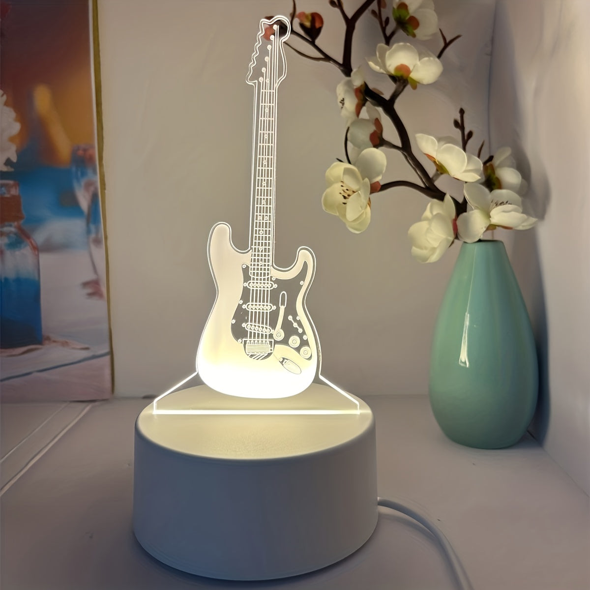 3D gitara tungi chirog'i, iliq oq asos bilan, do'stlar uchun mukammal sovg'a yoki xona bezatish uchun.