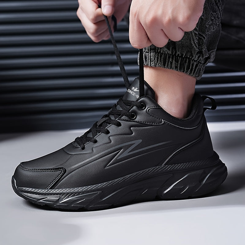 Men's black road running shoes with a casual sporty style, durable rubber sole, comfortable fabric lining, and low-top lace-up design. Suitable for all seasons, these athletic sneakers are