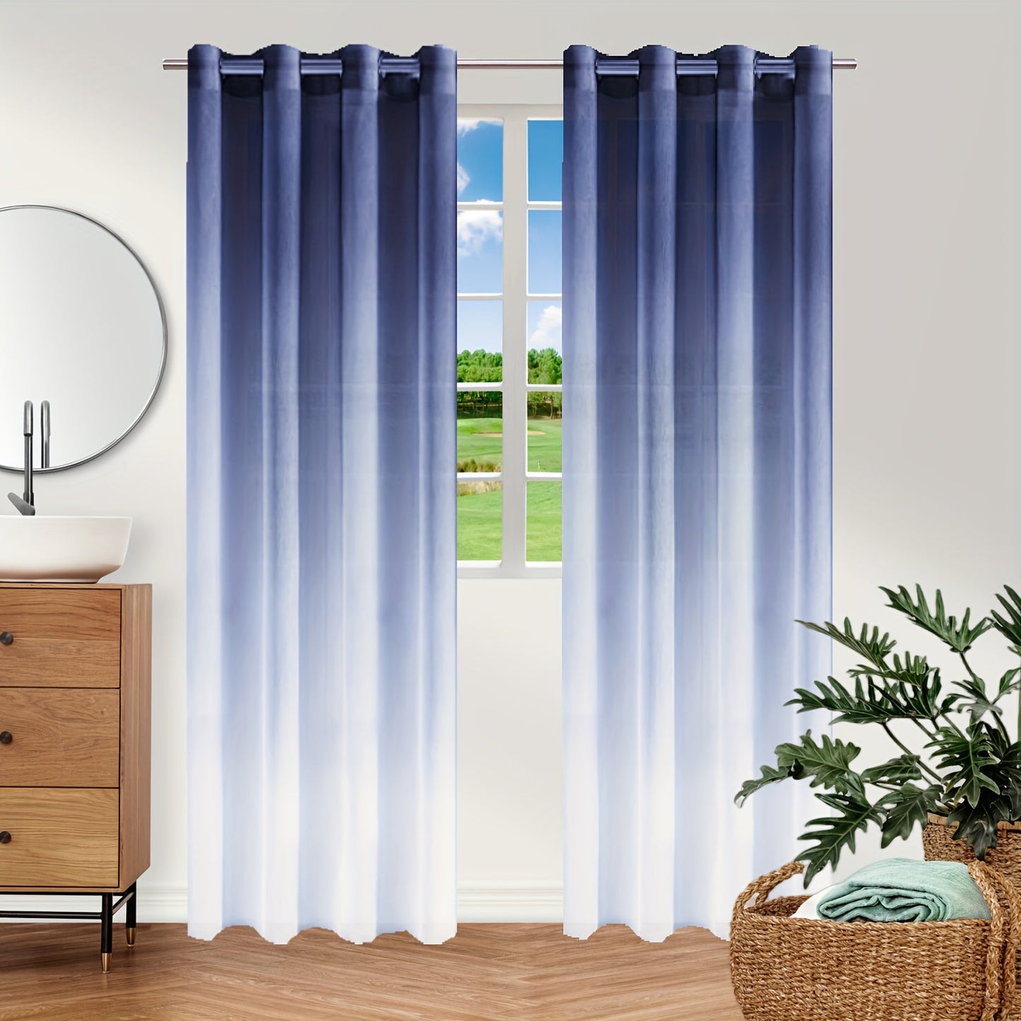 Upgrade your bedroom or living room decor with this stunning Bohemian Ombre Sheer Curtain. The semi-sheer design features a beautiful gradient from blue to white, adding a touch of sophistication to any space. Made from UV protective polyester, this