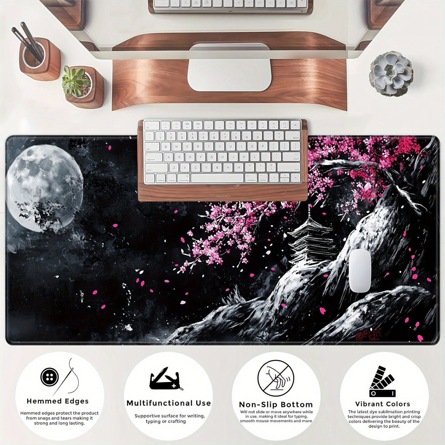 Cherry Blossom & Moon Artistic Mouse Pad - Non-Slip Rubber Base, Precision Stitching, Extended Large Mat for Gaming, Office, Study, Natural Rubber Material, Vibrant Colors, Durable Design