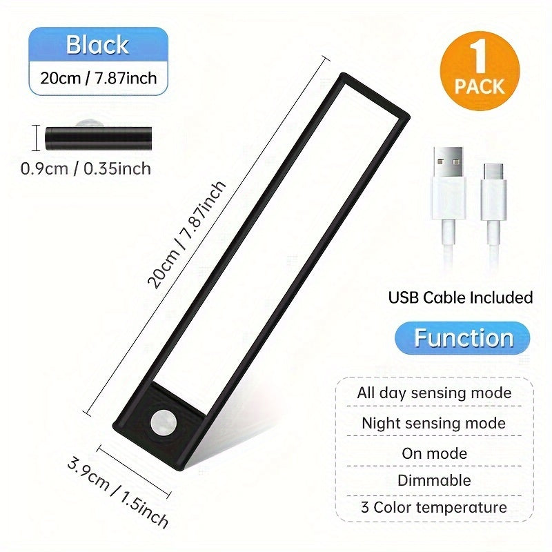 One rechargeable sensor light strip with adjustable brightness and three colors available.