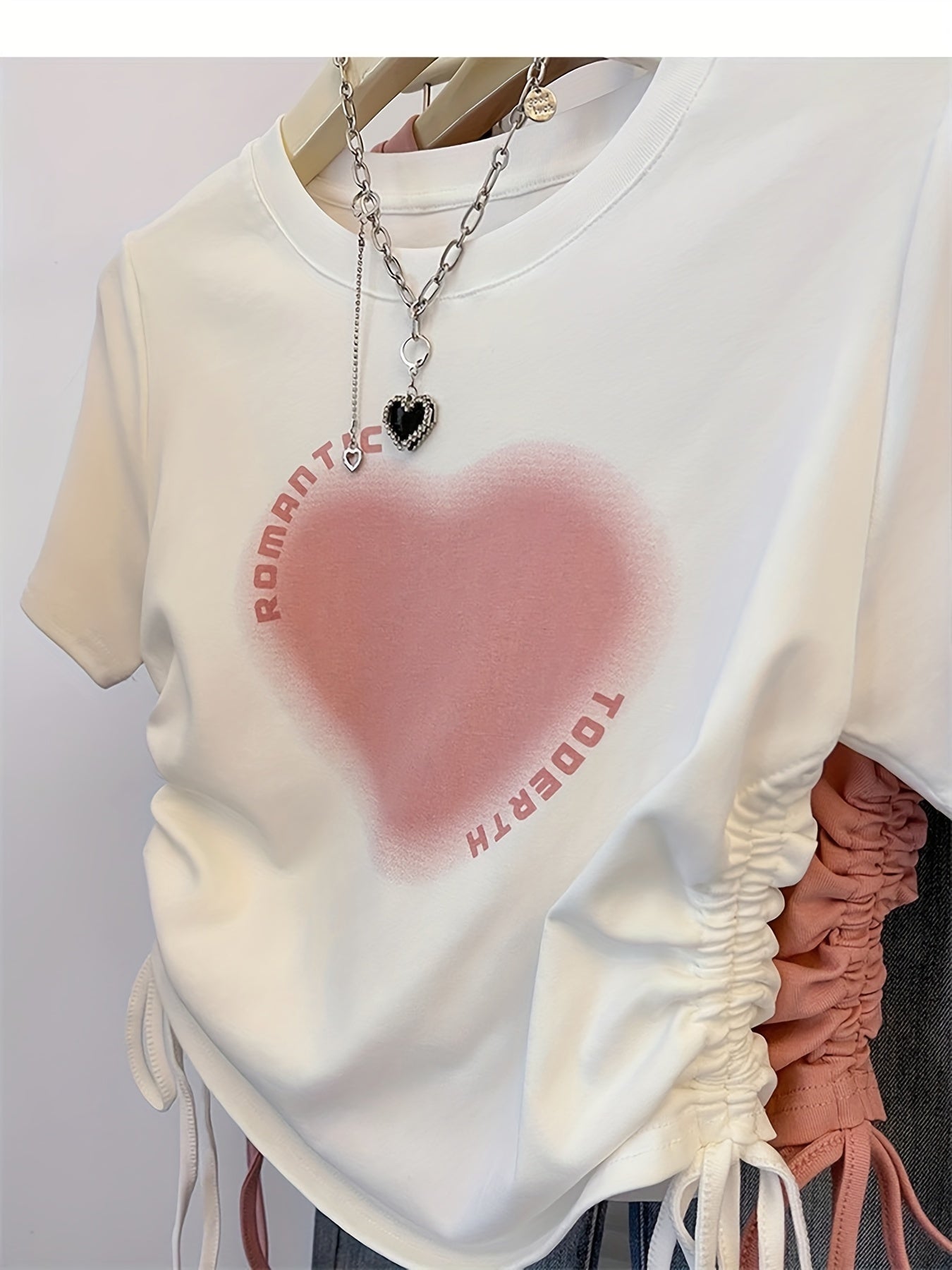 Heart Print Drawstring Side T-shirt, Short Sleeve Slim Crop Top, Women's Summer Clothing