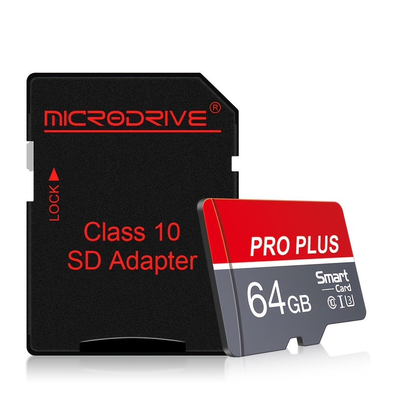 High-speed Class 10 U3 Microdrive Pro Plus Memory Card in red and gray, available in sizes 4GB to 256GB, offers reliable performance for smartphones, tablets, and more.