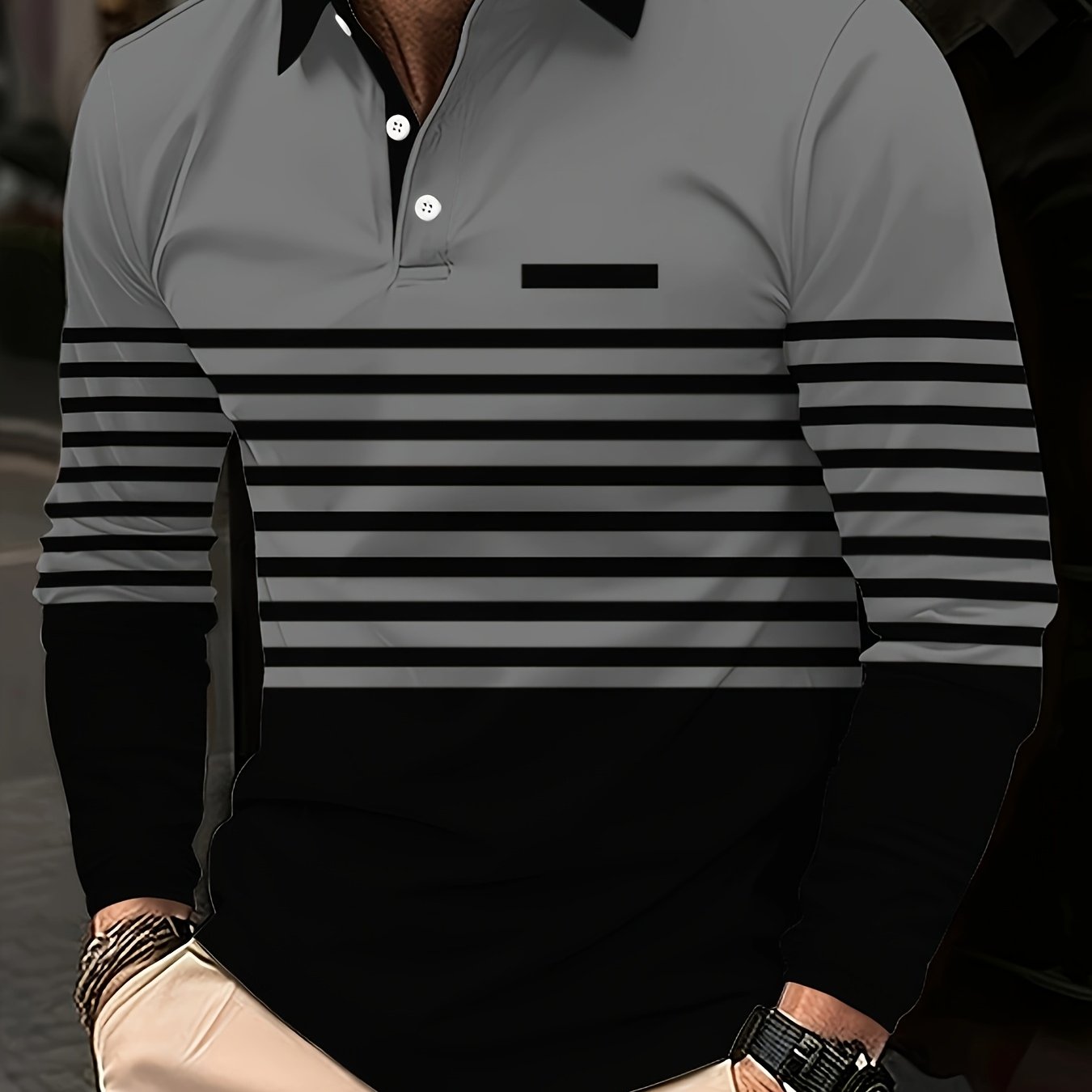 Men's fashion polo shirt with striped design, button lapel collar, made of 100% polyester knit fabric with slight stretch. Regular fit, suitable for spring and fall.