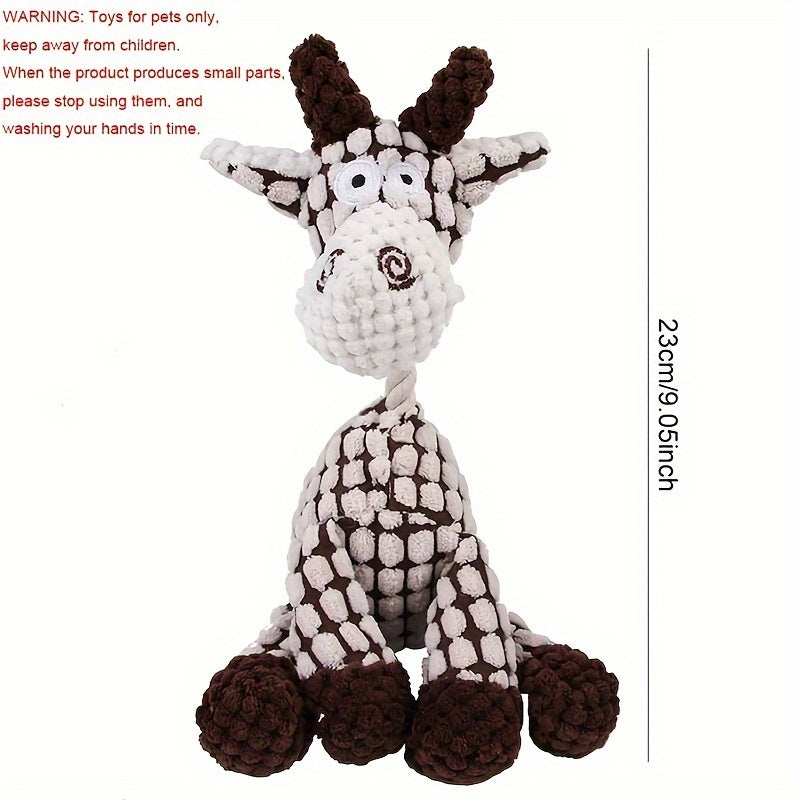 ""
Corduroy donkey-shaped chew toy with squeaker for dogs
""