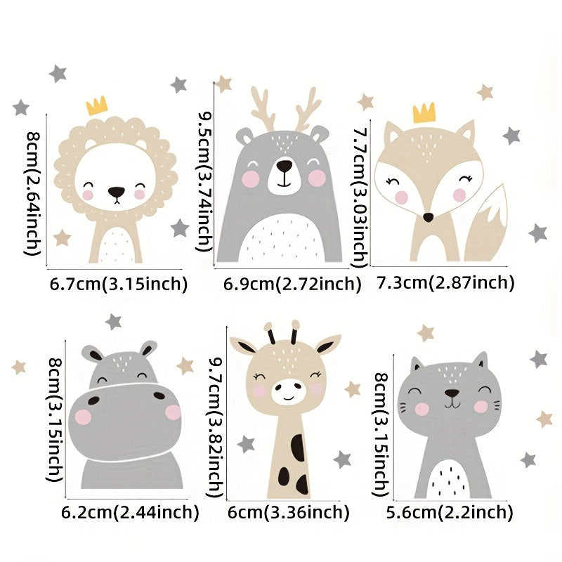 Decorate your room with 12 adorable cartoon animal switch stickers featuring lions, elephants, and rabbits. These bohemian wall stickers are perfect for adding a touch of cuteness to your space. They can be used on windows, doors, or any smooth surface