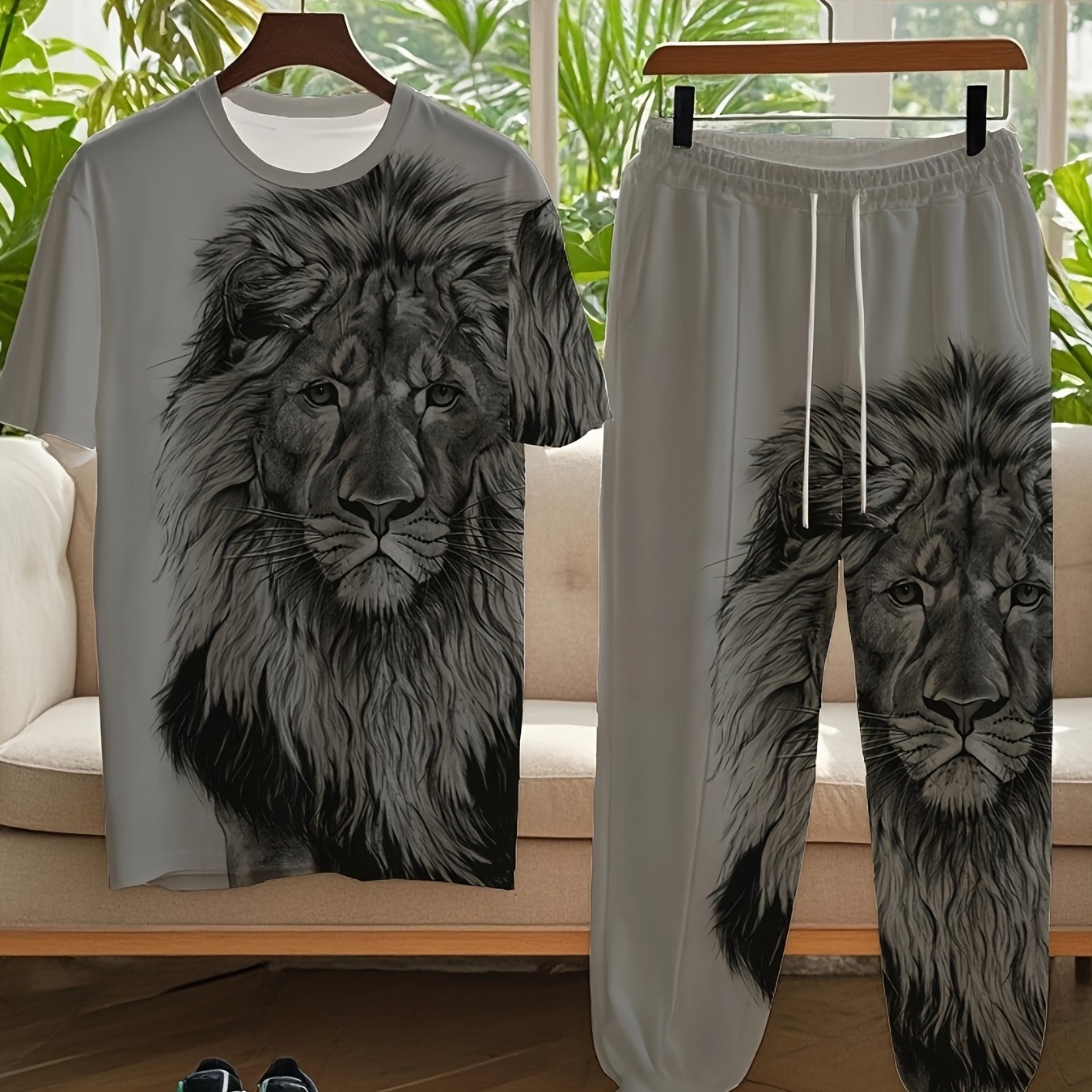 Men's plus size lion print outfit includes a short sleeve t-shirt and sweatpants set for casual wear in summer. Made with knit fabric, it has a crew neck and slight stretch, crafted from a