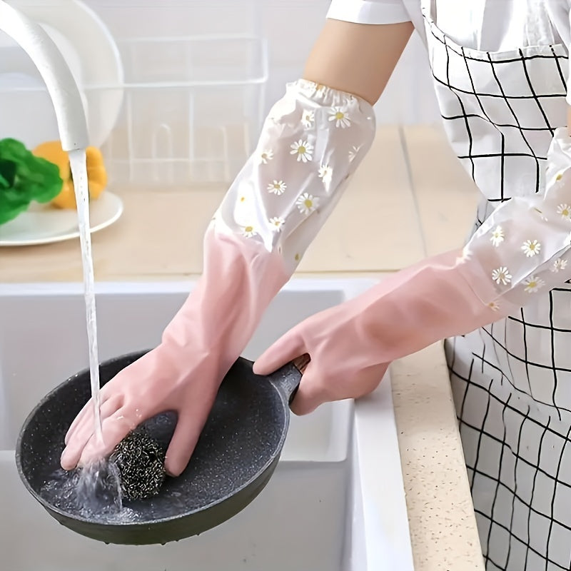 Waterproof Non-Slip Household Gloves with Floral Pattern, Long Sleeves, and Durable PVC Material - Perfect for Dishwashing, Laundry, and Cleaning in Kitchen, Bathroom, Living Room, and Bedroom. Made with Alcohol-Free Material. Includes 1 pair.