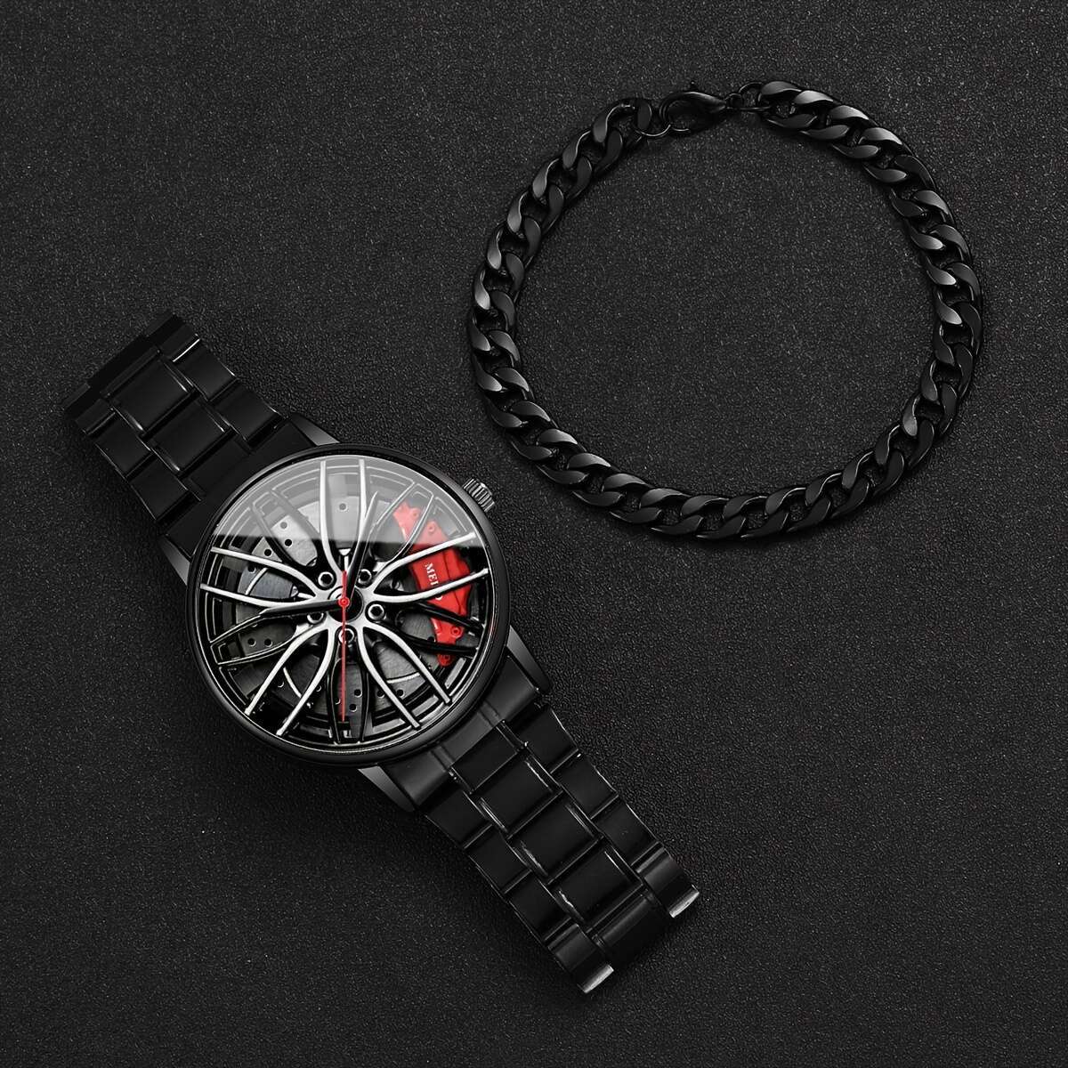 Men's trendy quartz watch with large dial and matching chain bracelet set. Made of zinc alloy with a non-rechargeable battery and wheel hub. Comes in a 2-piece set without a watch box.