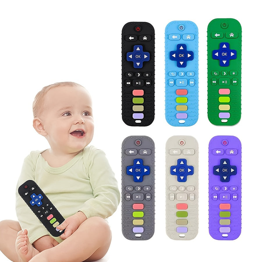 Soft silicone remote control teether toy, perfect holiday gift for youngsters. Safe, non-toxic, and battery-free. Available in pink, red, blue, and black.