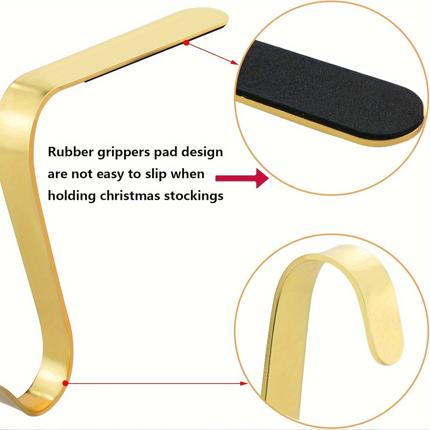 Golden Christmas Stocking Holder made of metal with a long hook, featuring anti-slip design, perfect for hanging stockings on fireplace cover.