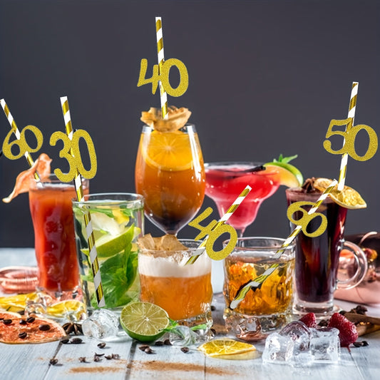 Paper Straws for Birthday Party Dessert Cake Decorations, featuring Numbers Ten through Sixty years old