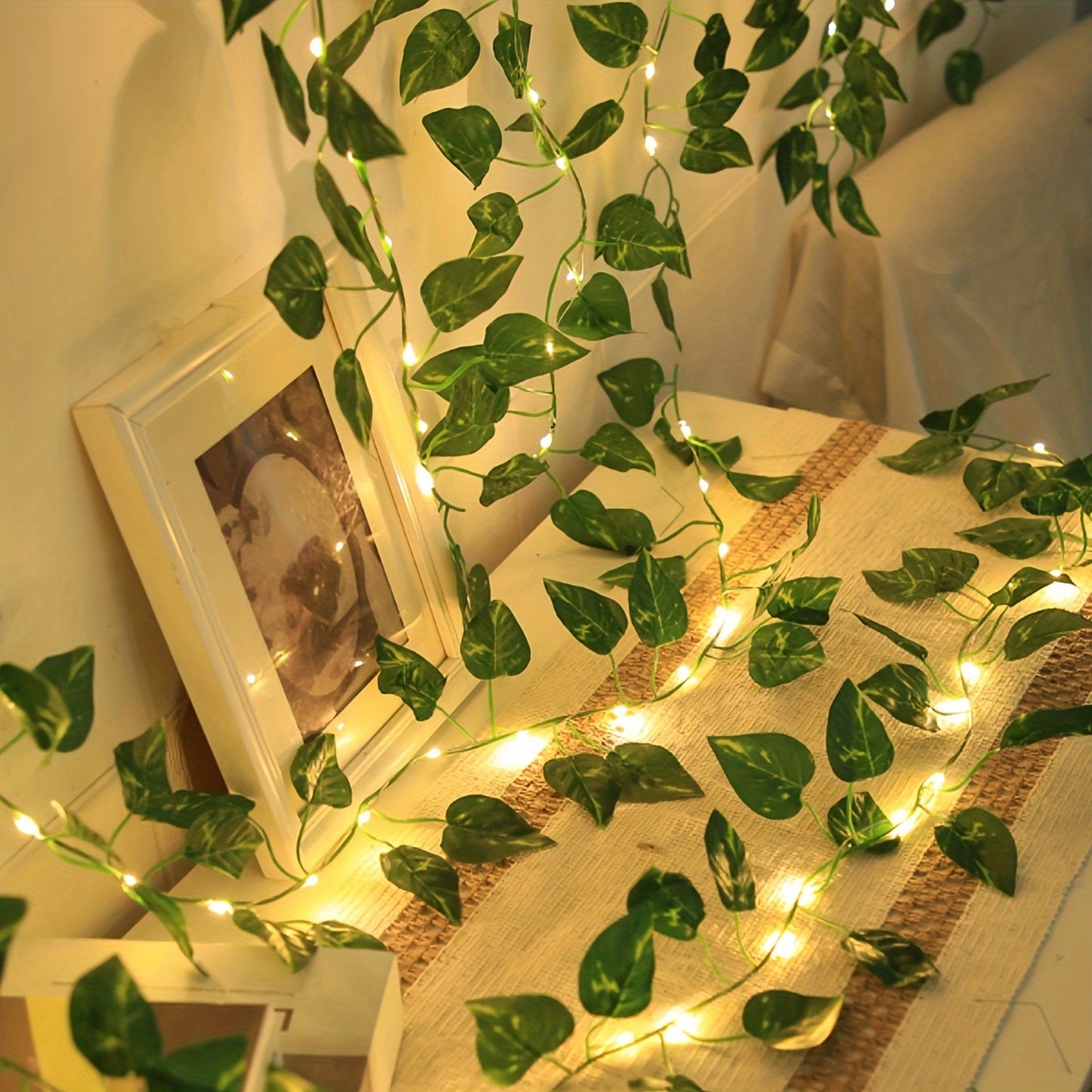 Green Ivy Leaf LED String Lights: Battery-powered for home ambiance, parties, weddings, and holidays. Perfect for decoration.