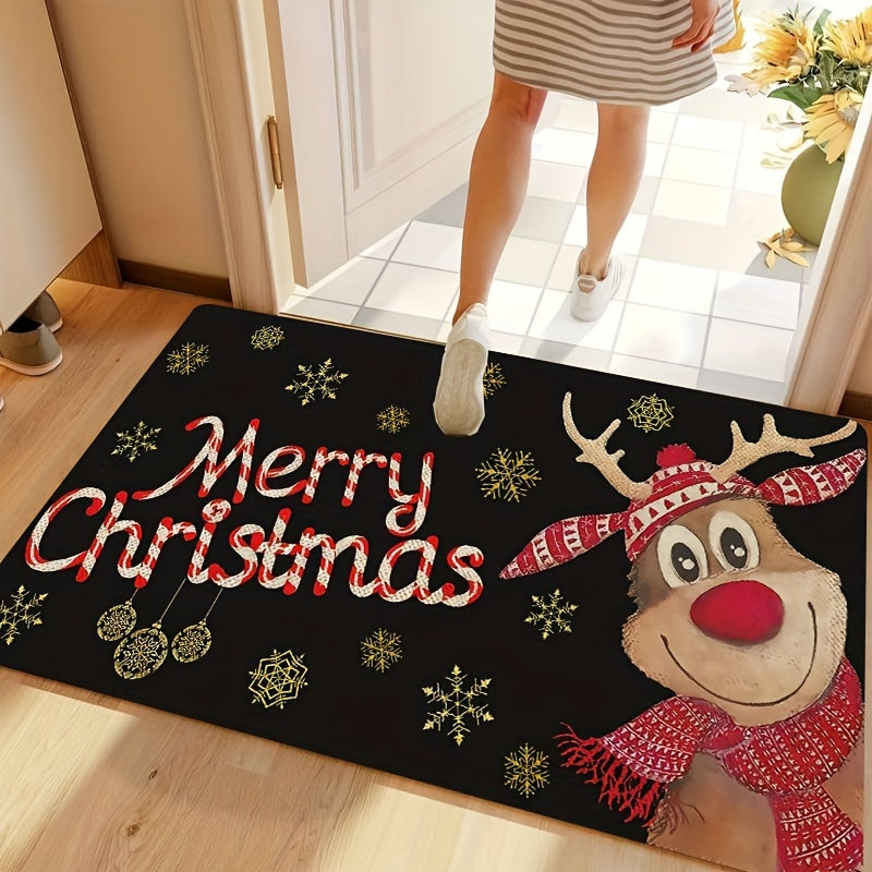 Reindeer-themed Merry Christmas Doormat, Durable Indoor/Outdoor Welcome Mat with Stain-Resistant Low Pile, Easy-to-Clean Machine Washable Polyester Material, Rectangle Shape for Holiday Entrance Decoration