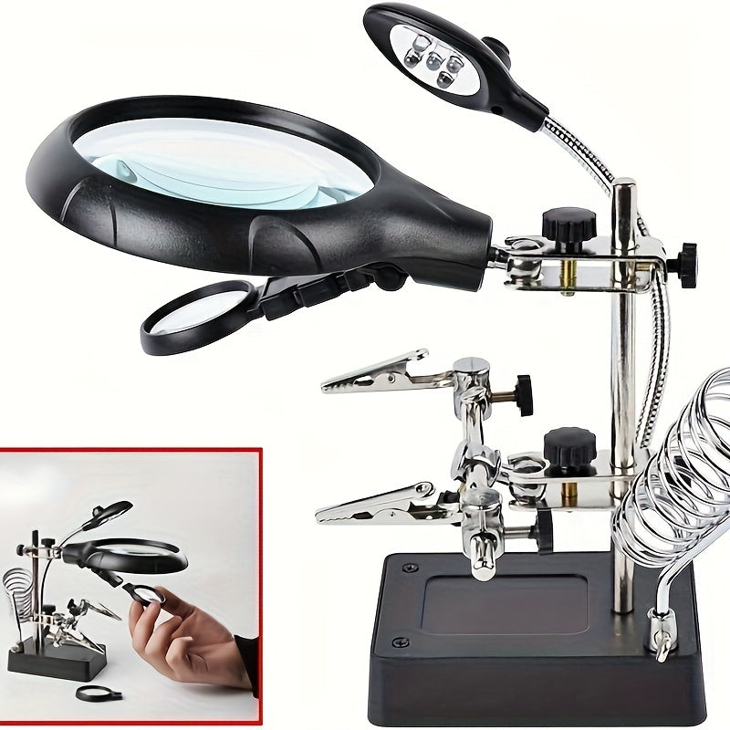 LED lighted magnifying station with 2.5X, 7.5X, and 10X magnification, perfect for soldering and crafting. Includes clamp and alligator clips for easy use on desktop. Ideal for jewelry