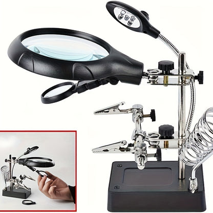 LED lighted magnifying station with 2.5X, 7.5X, and 10X magnification, perfect for soldering and crafting. Includes clamp and alligator clips for easy use on desktop. Ideal for jewelry