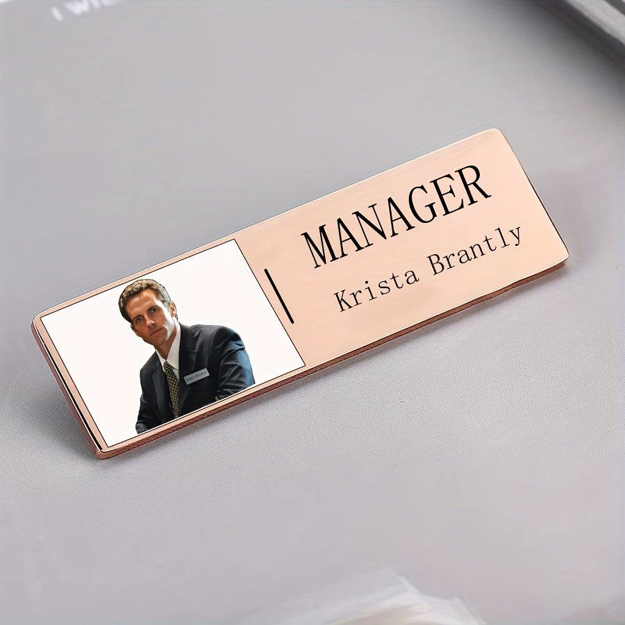 Customizable rectangular brooch featuring personalized logos and photos. Laser engraved with text on stainless steel for a unique and exquisite gift.