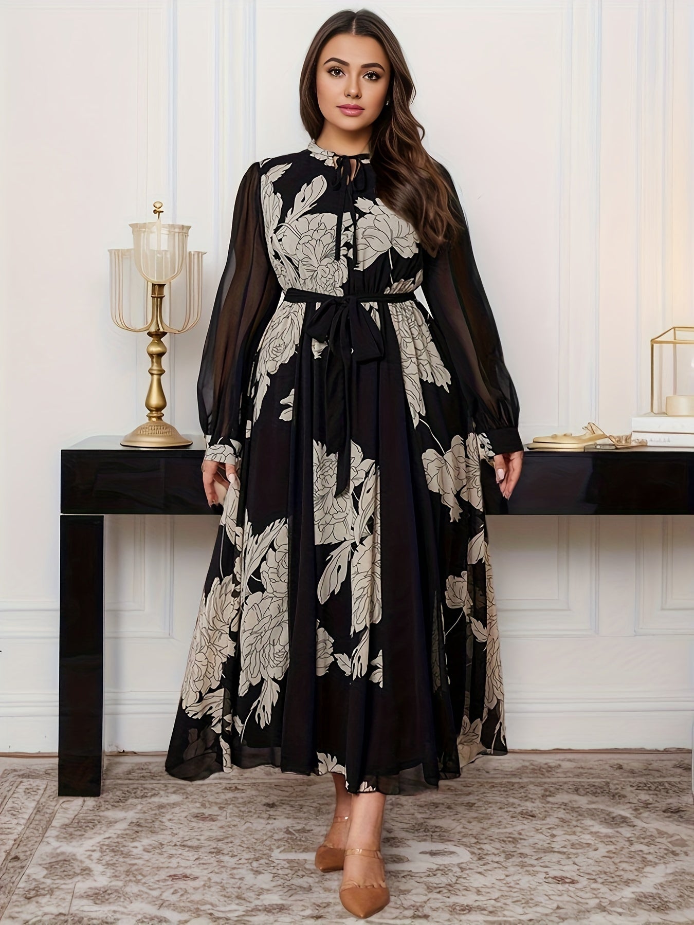 Plus size chiffon dress with floral print, lantern sleeves, A-line silhouette, tie waist detail, and mid-length, made of polyester for spring/autumn wear.