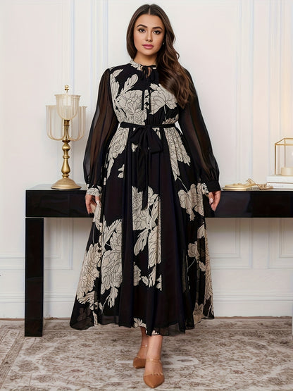 Plus size chiffon dress with floral print, lantern sleeves, A-line silhouette, tie waist detail, and mid-length, made of polyester for spring/autumn wear.