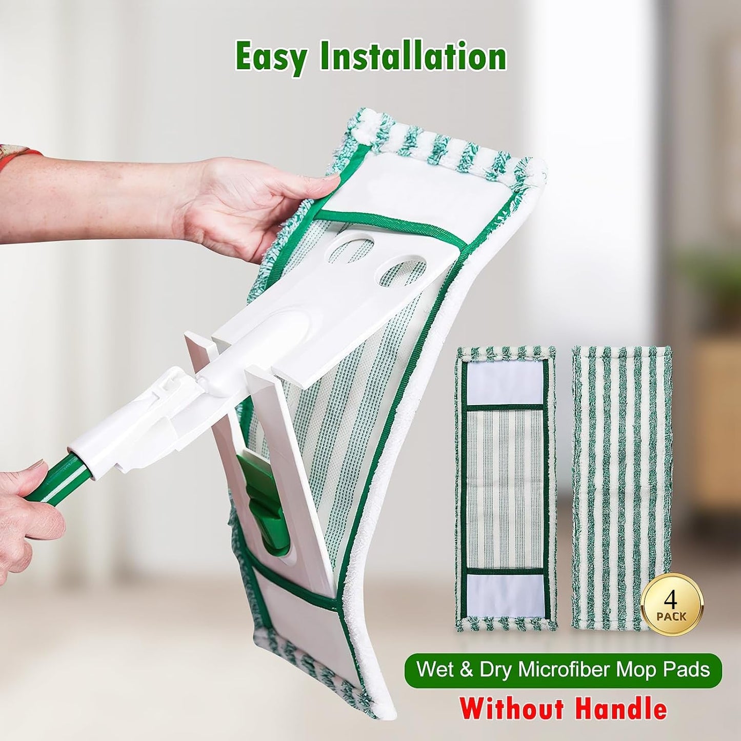 Microfiber mop refill pad in green stripe pattern, washable and reusable. Compatible with Libman floor mop for easy wringing. Perfect for home and office use.