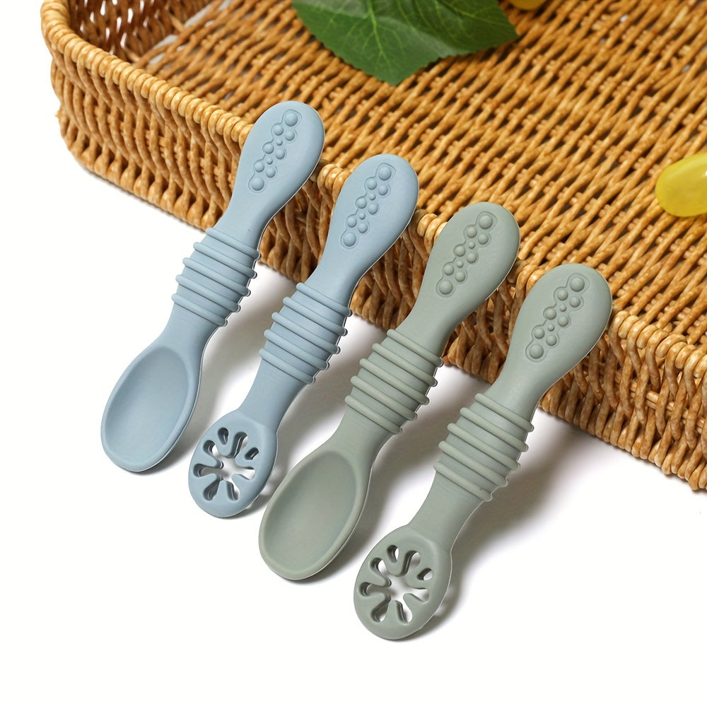 4-piece Silicone Feeding Set for Kids - Soft, Chewable Spoons in 3 Styles - Ideal for Self-Feeding Practice & Holiday Gifts