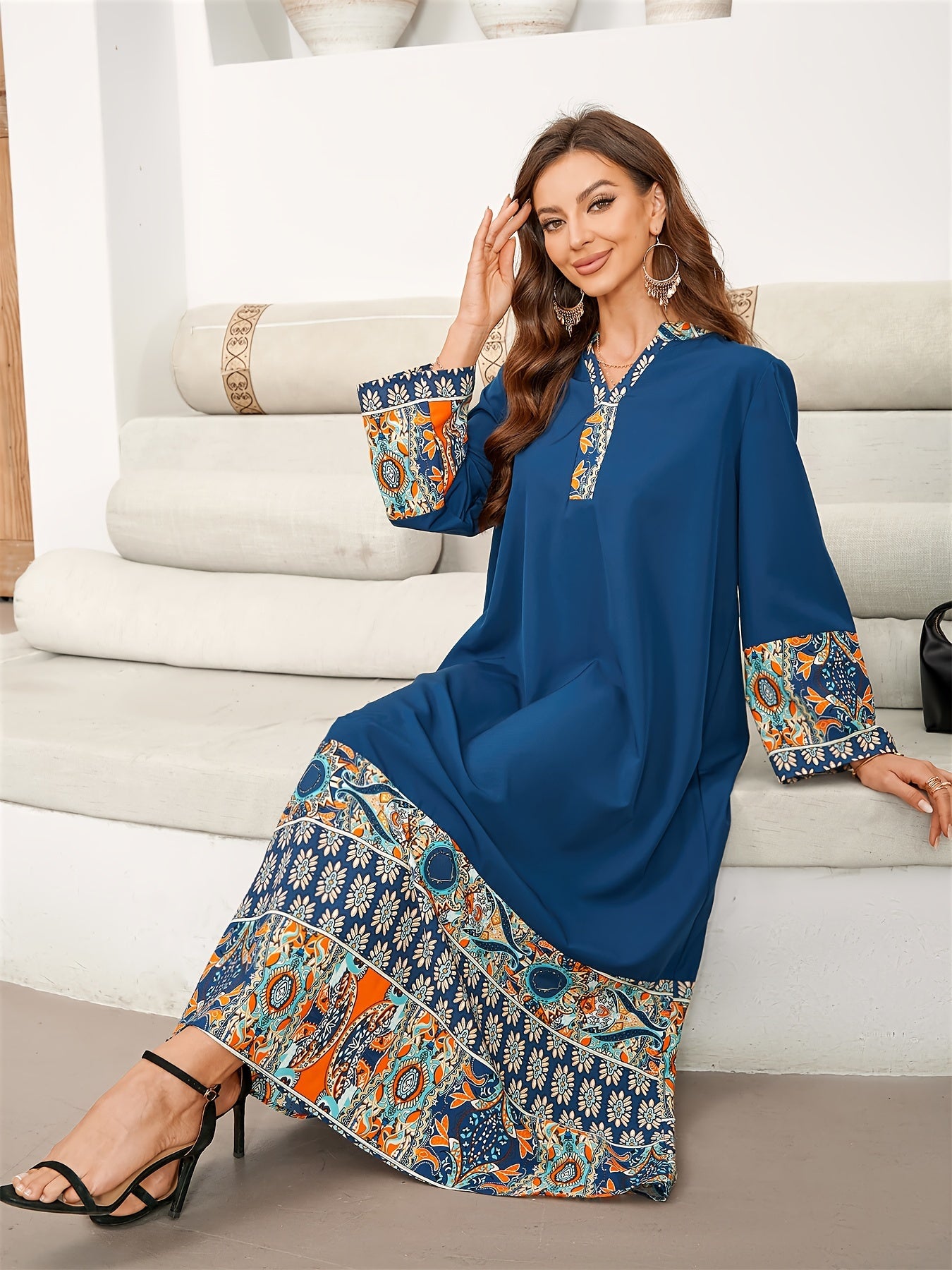 Ethnic print color block kaftan with notched neck and long sleeves, maxi dress for women