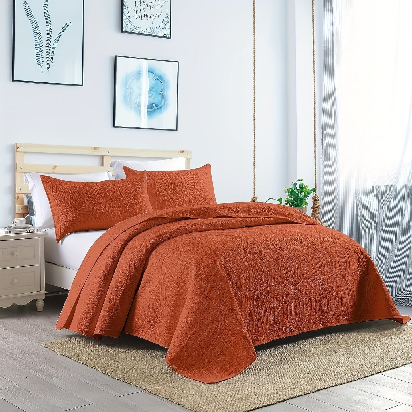 Comfortable and airy three-piece bedspread set featuring Soundwave technology and embossed circles design. Set includes one bedspread and two pillowcases, ideal for adding a touch of summer comfort to your bedroom or dorm decor. The perfect addition to