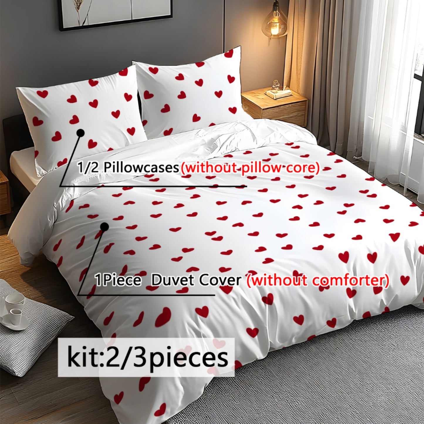 Valentine's Day-themed 3-piece bedding set featuring pure love design pattern made of soft fleece fabric with 3D digital printing. Includes 1 quilt cover and 1-2 pillowcases. Suitable for