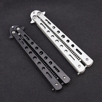 Fine toothed stainless steel Butterfly Blade Comb with metal handle for regular hairstyle and finger dexterity practice. Foldable, portable, and durable, suitable for outdoor camping.