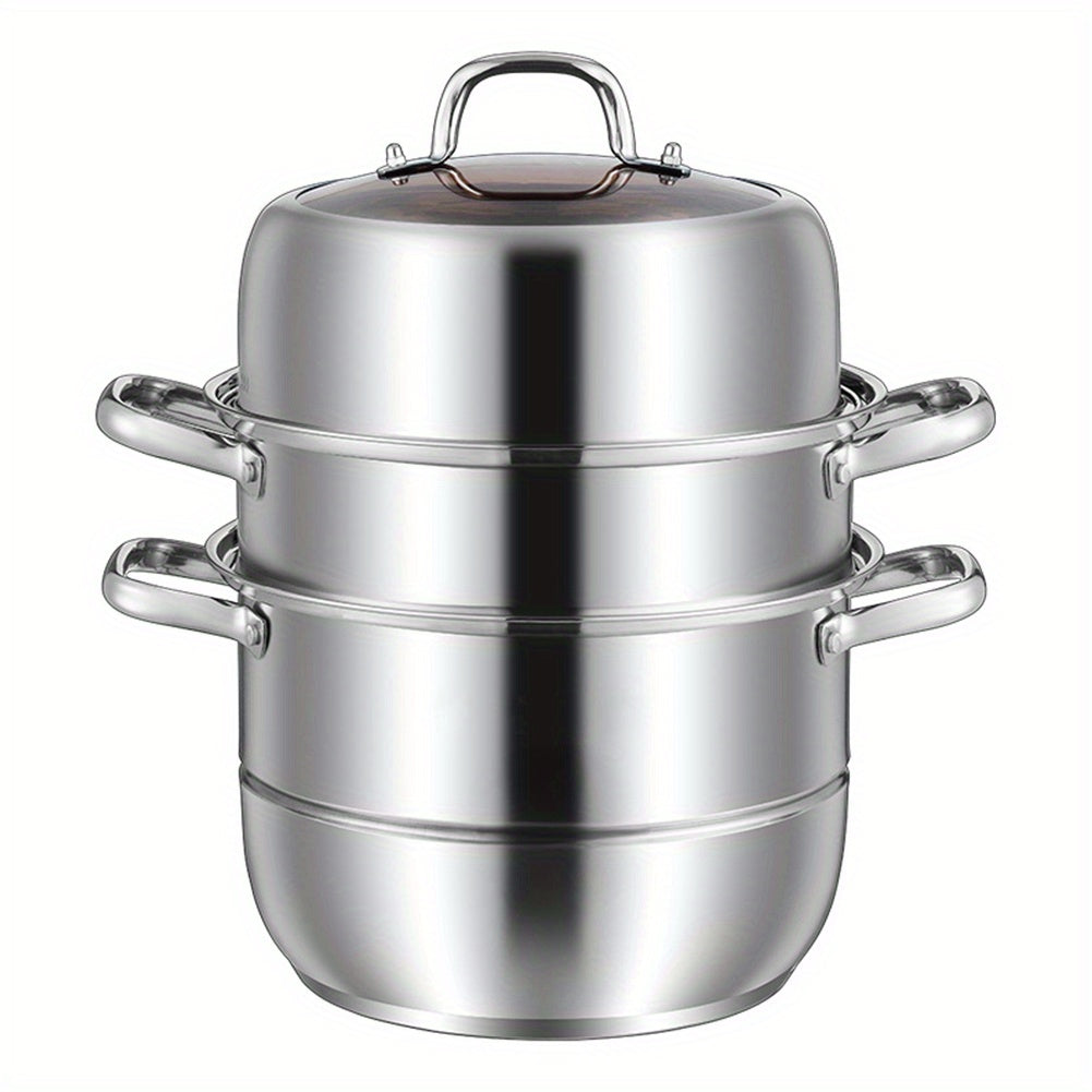 Three-tiered stainless steel steamer pot with a tempered glass lid, measuring 27.94cm in size. Features a thick bottom for cooking vegetables, dumplings, and other dishes in a healthy manner.