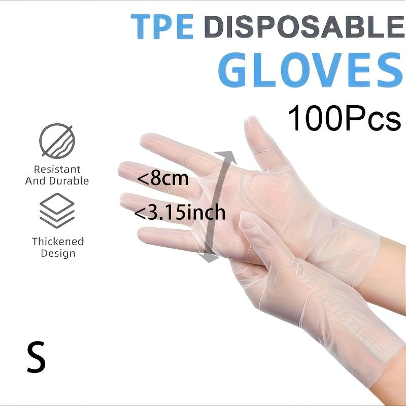 100 pieces of versatile disposable gloves made from thick, transparent TPE material ideal for use in the kitchen, baking, cleaning, and more. These gloves are lead-free and waterproof, making them essential for household tasks.