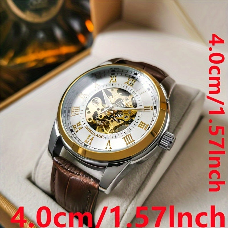 Elegant men's automatic mechanical watch with skeleton design, brown faux leather strap, self-winding. Ideal for business and casual wear, perfect gift for young men. Durable watch band