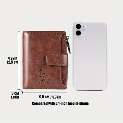 Men's PU leather wallet with RFID blocking, zipper closure, coin purse, and durable polyester interior.