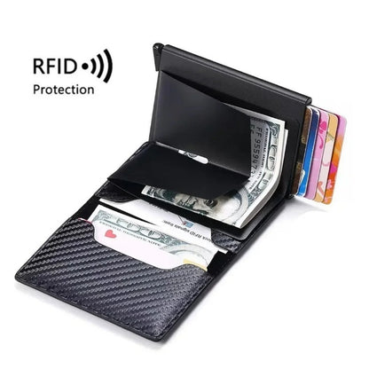 Sleek men's wallet with RFID-blocking technology, made of ultra-thin aluminum alloy with multiple card slots and stylish metal design.