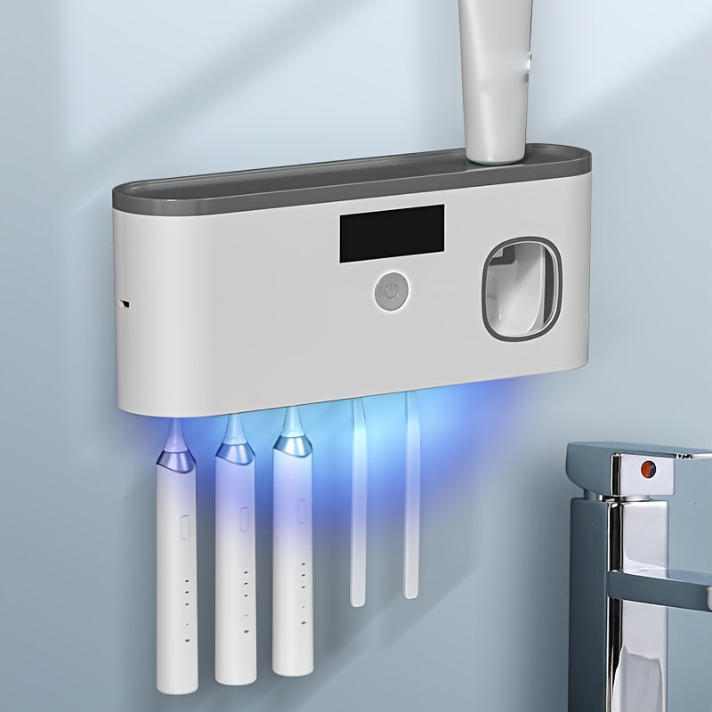 UV Toothbrush with wall-mounted holder that kills 99% of bacteria. No drilling required, includes automatic toothpaste dispenser and can be charged using solar or DC5V.